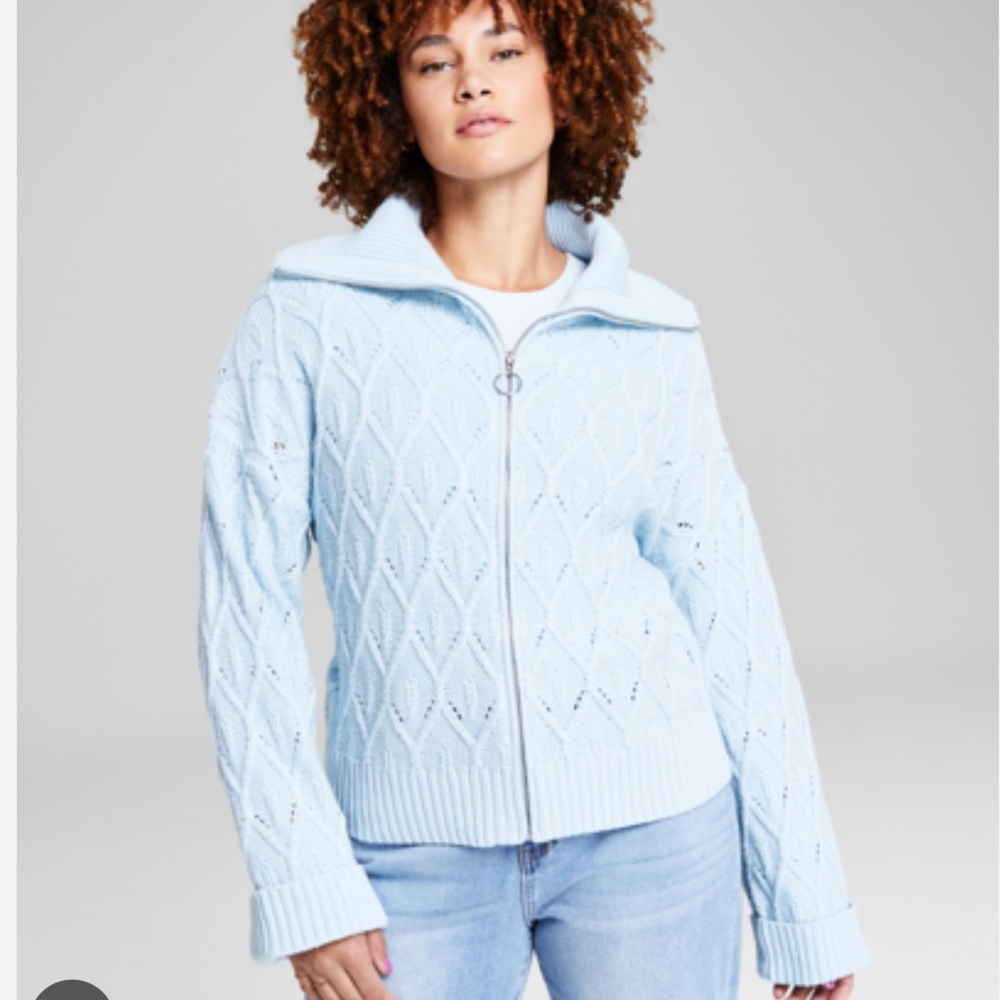Blue Cable Knit Zip-Front Cardigan Sweater